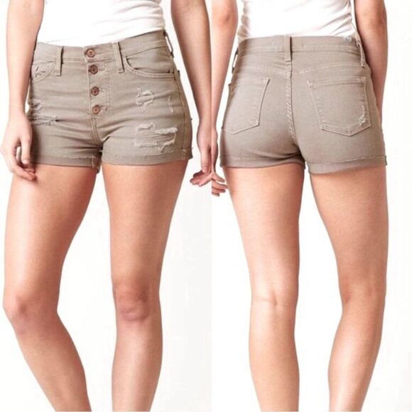 KANCAN | NEW Tan Exposed Brass Button Fly Distressed Jean Shorts Women’s Size 27 - Picture 1 of 9
